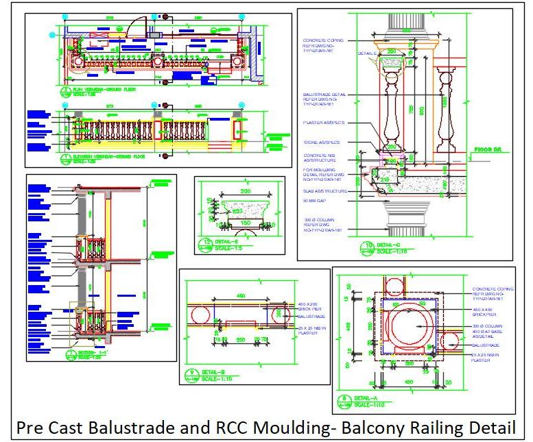 Balcony Railing Design AutoCAD- RCC Balustrade & Material Specs